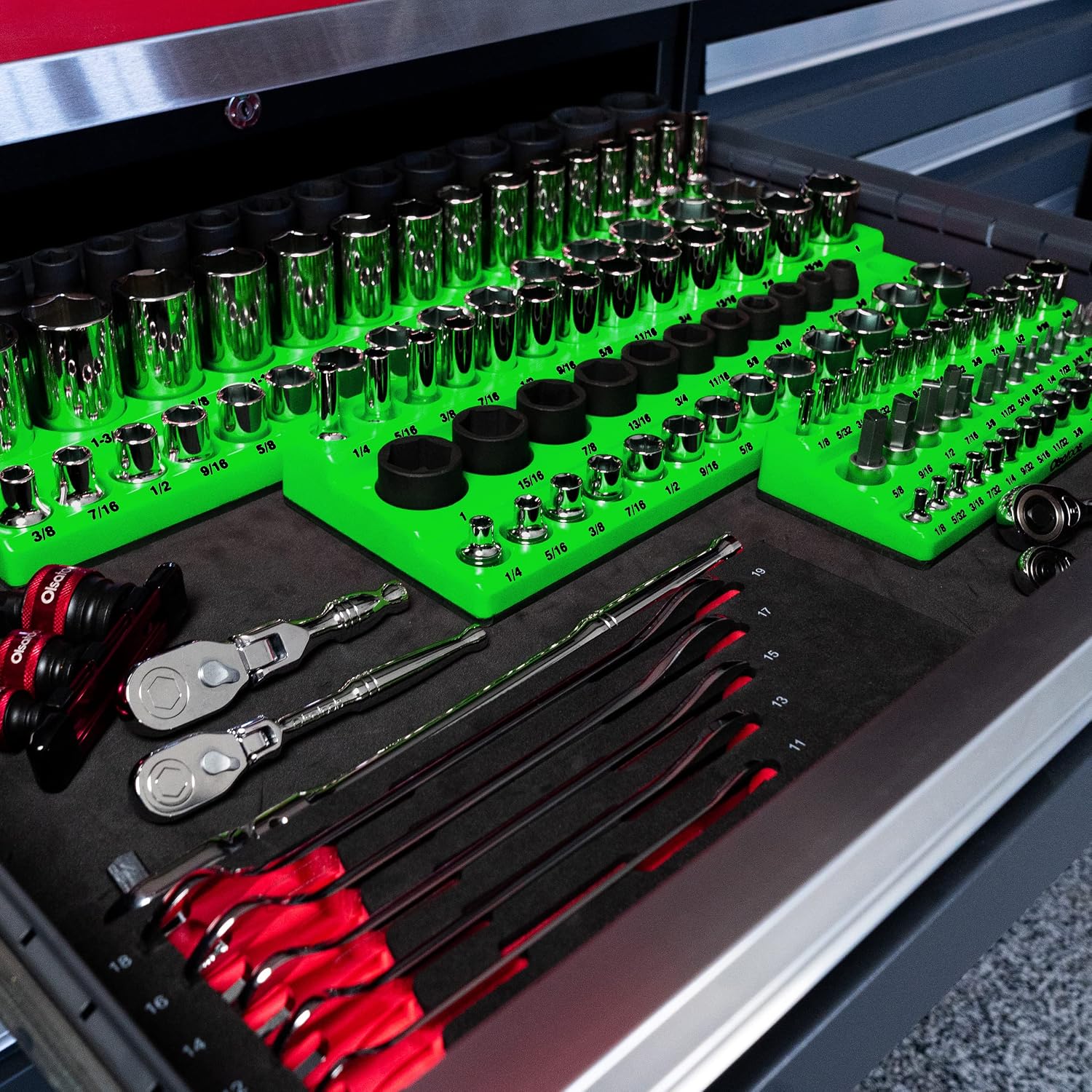Olsa Tools Magnetic Socket Organizer - 1/4', 3/8' & 1/2-Inch Drive SAE Socket Holder Set - Professional Tool Holder and Organizer - Stores up to 123 Sockets - Green - Part: 1561