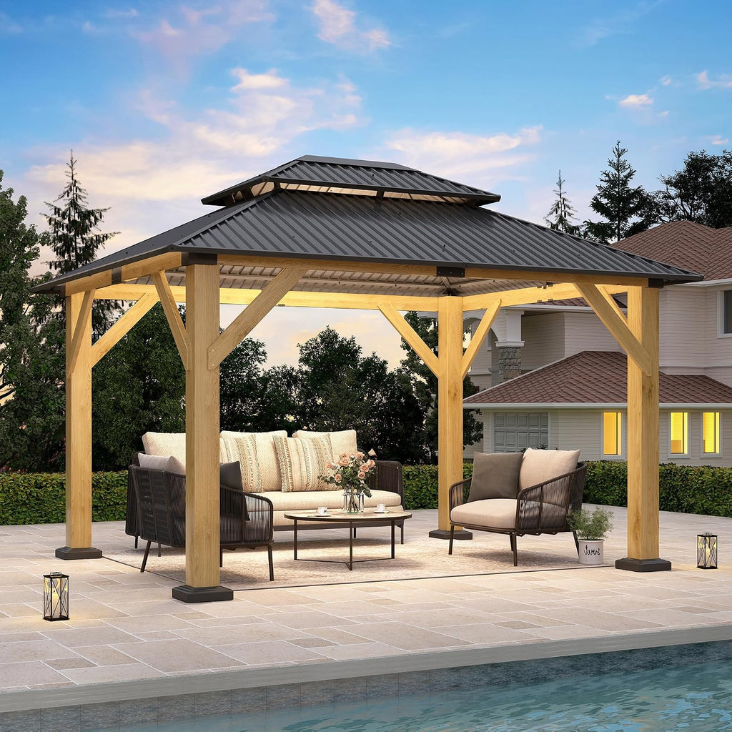 10'x12' Wood Gazebo,Outdoor Cedar Wood Hardtop Gazebo with Galvanized Steel Double Roof, Wooden Frame Gazebos for Patio, Backyard, Deck