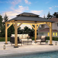 10'x12' Wood Gazebo,Outdoor Cedar Wood Hardtop Gazebo with Galvanized Steel Double Roof, Wooden Frame Gazebos for Patio, Backyard, Deck