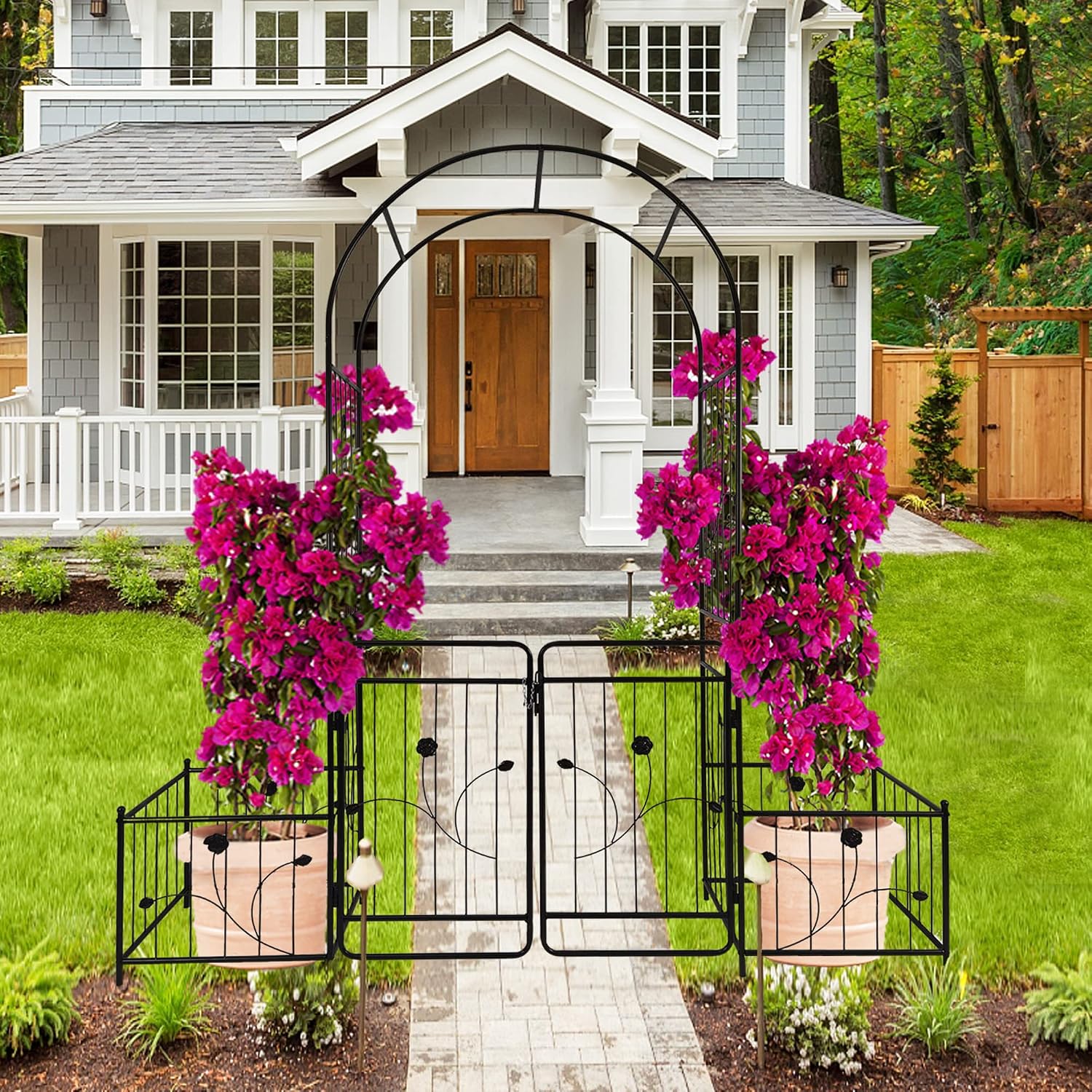 Metal Outdoor Garden Arch Iron Arbors Gazebo with 2 Plant Stands,High Birdcage Shape Pergola Pavilion,W/Ouble Gate Design,for Ivy Vines,Rose,Morning Glory,Black,79.5'x86.6'