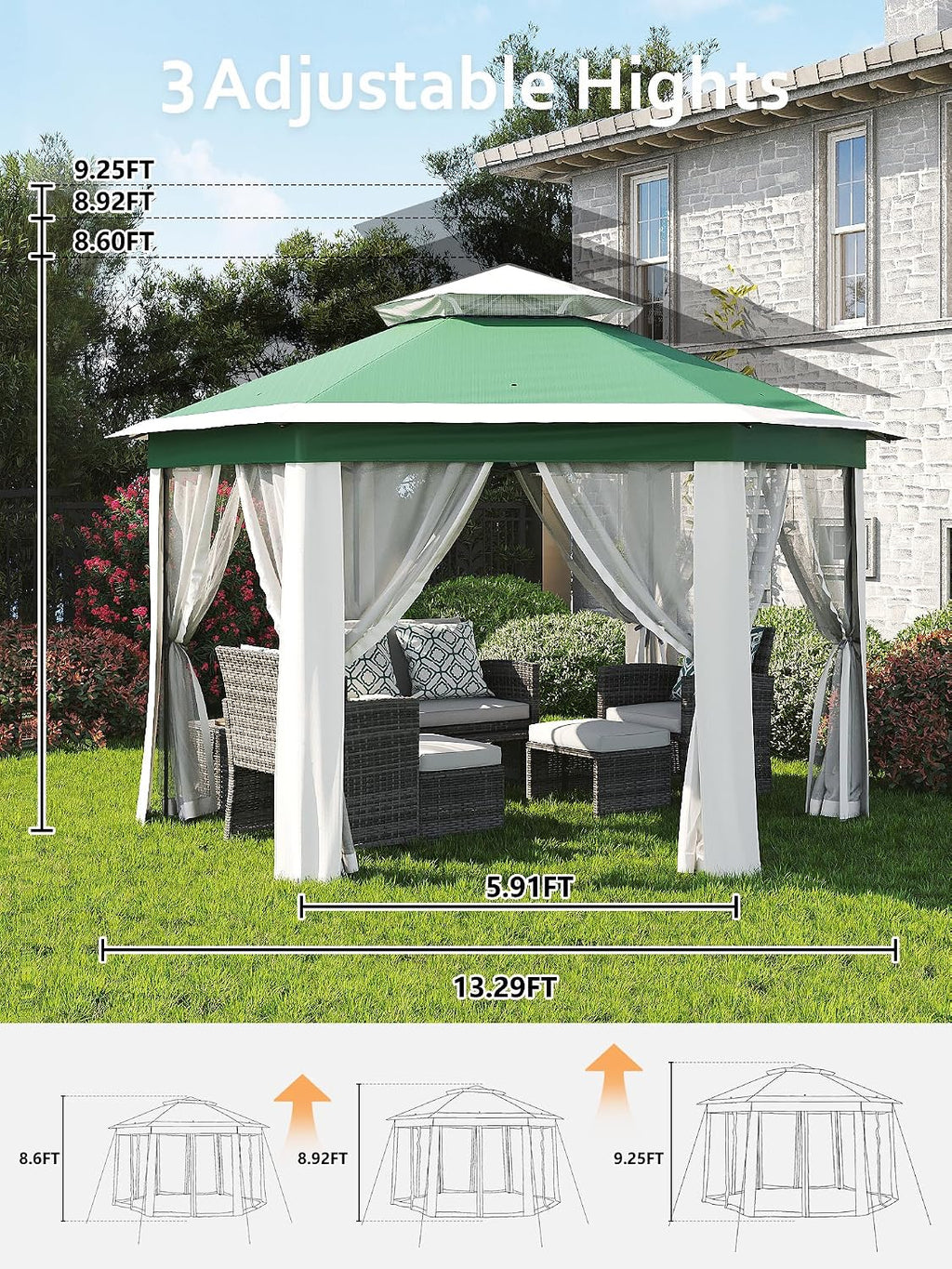 13x13Ft Patio Gazebo Metal Frame Canopy with Double Roofs, Outdoor Gazebo with Mosquito Netting and Privacy Screen, Canopy Tent for Backyard, Lawn, Garden, Deck