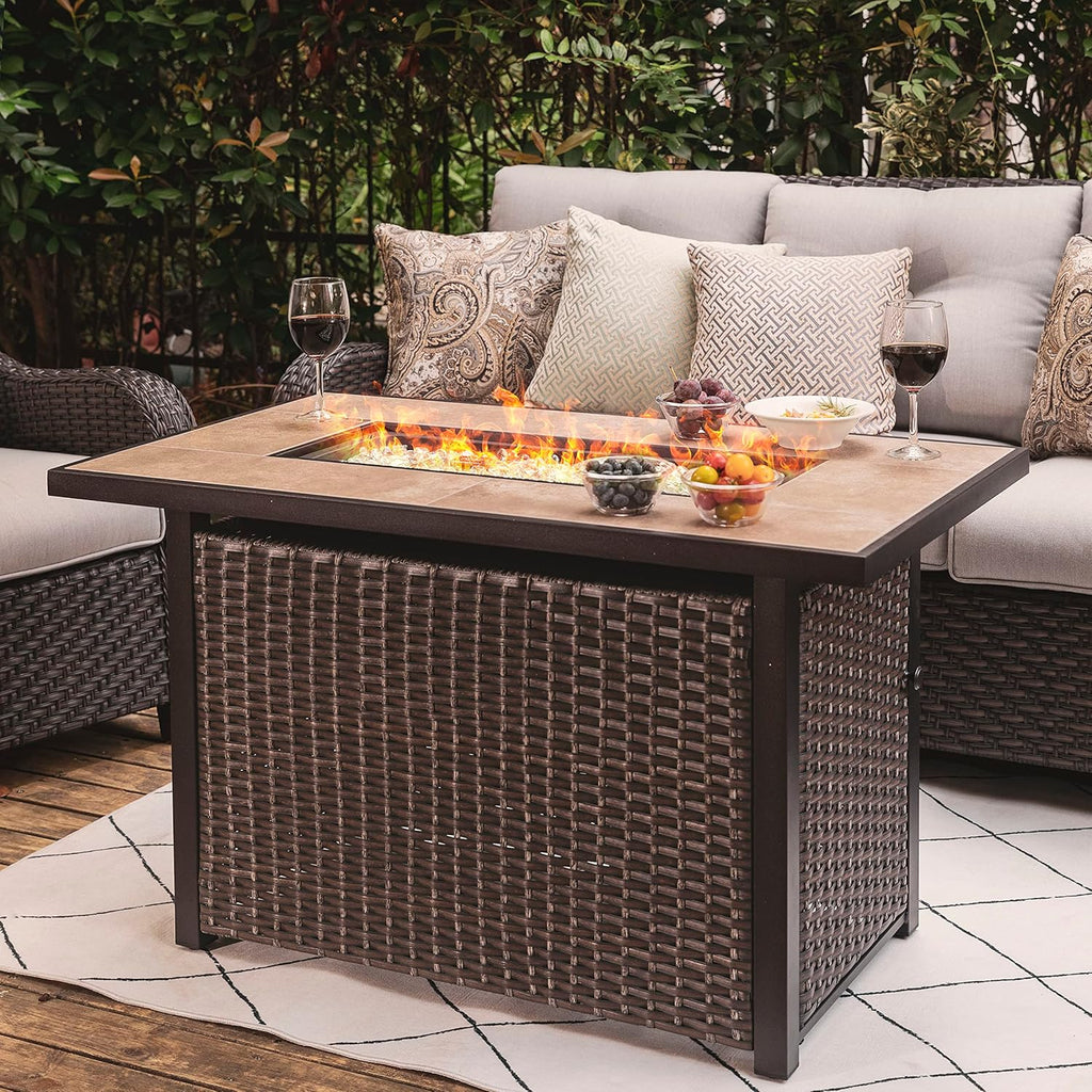 Nuu Garden Propane Fire Pit Table, CSA Certified 43 Inch 50,000 BTU Outdoor Gas Fire Pit Table with Ceramic Tabletop, 7 lbs Glass Stone and Oxford Cover, Dark Brown and Coffee