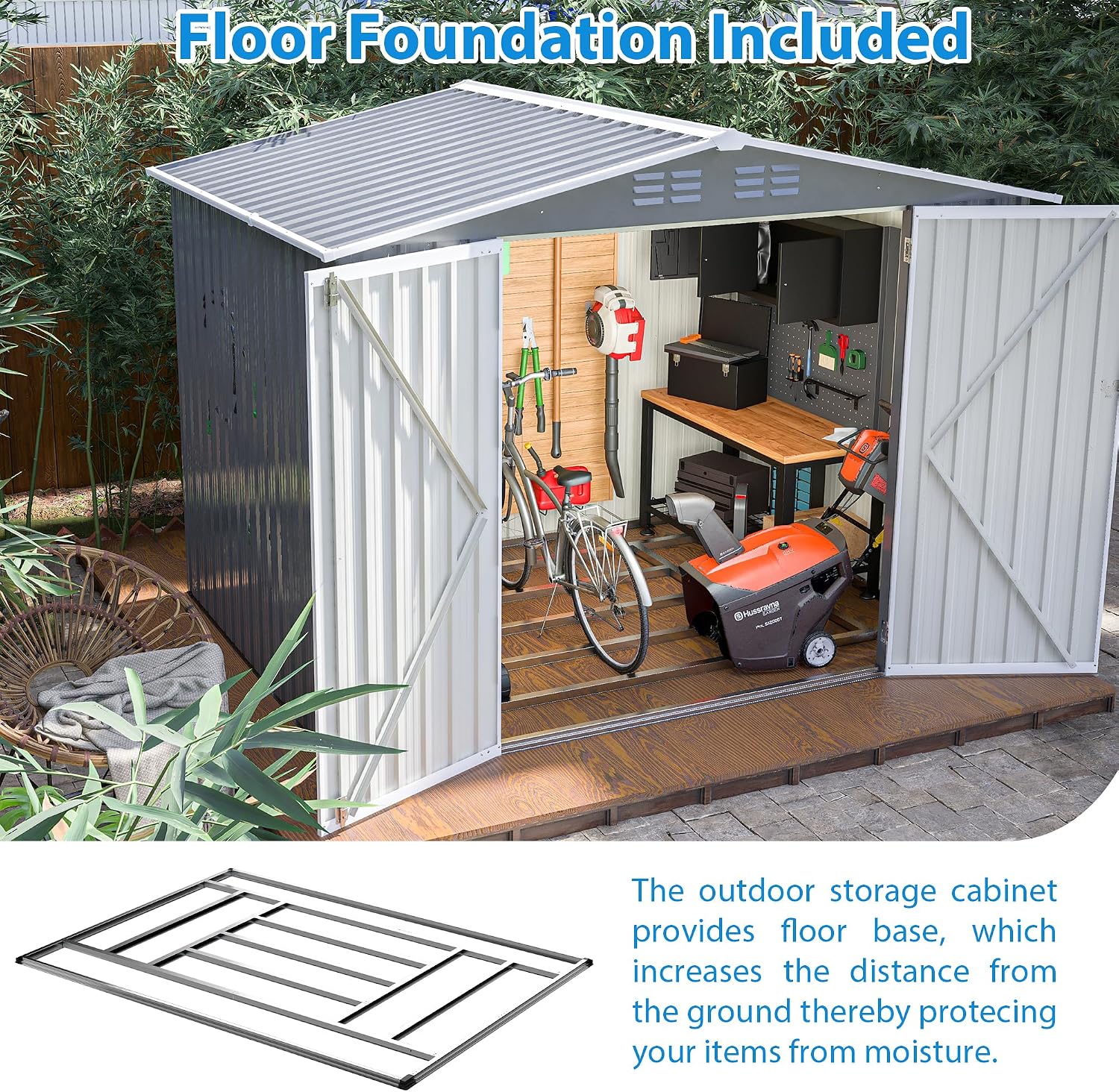 8x6 FT Outdoor Waterproof Garden Tool Storage Sheds with Metal Foundation with Floor Frame, Tool Shed with Lockable Hinged Doors & Air Vents, Storage House Waterproof for Backyard, Lawn, Gray