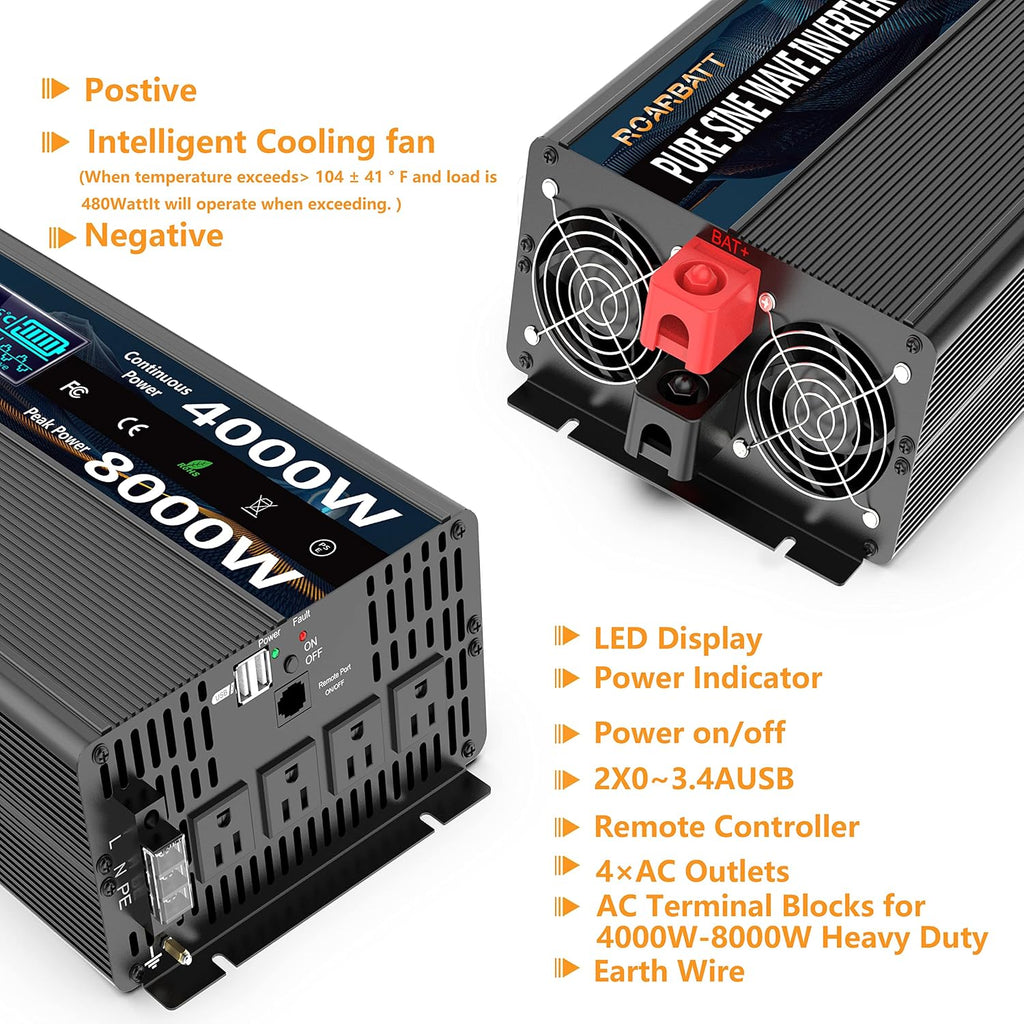 4000W Pure Sine Wave Power Inverter 12V DC to 110V/120V AC, 8000W Peak with Remote Control, 4 AC Outlets, Dual USB, LED Display, Heavy Duty Converter for RV, Truck, Solar System, Off-Grid & Emergency