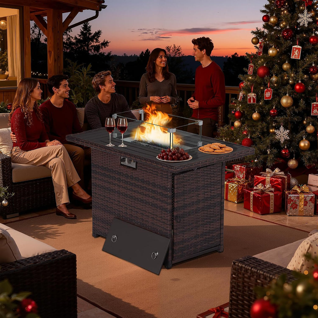 EortheX 44 Inch Propane Fire Pit, Steel Gas Fire Feature Table with Iron Lid,Glass Rock, Rain Cover and Tempered Glass Wind Guard for Outside Garden Backyard Deck Patio