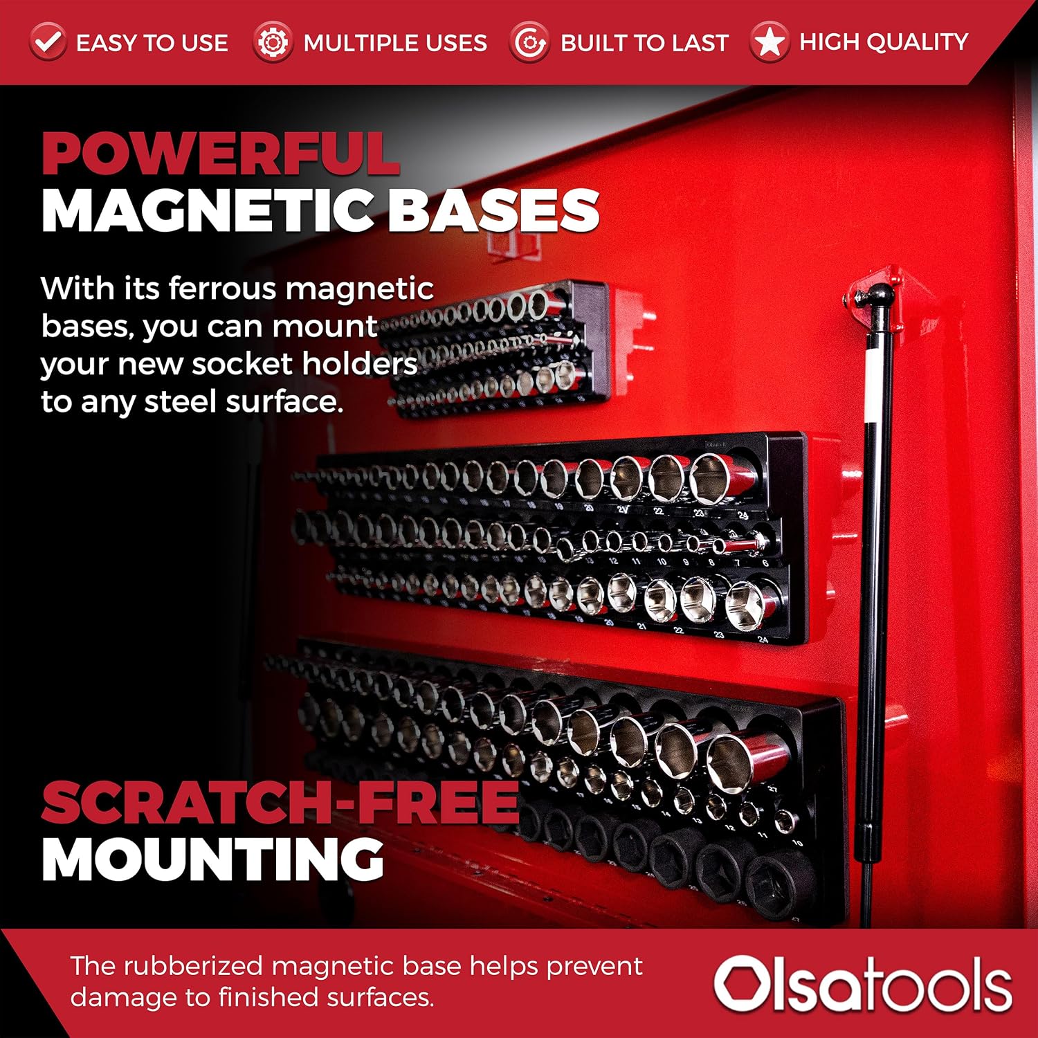 Olsa Tools 3-Row Magnetic Socket Organizer - 1/4', 3/8' & 1/2-Inch Drive Metric Socket Holder Set - Professional Tool Holder and Organizer - Stores up to 141 Sockets - Black
