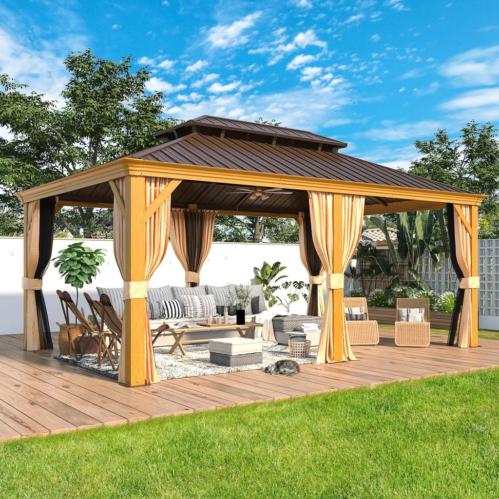 YOLENY 12'x18' Hardtop Gazebo, Wood Grain Aluminum Frame with Galvanized Steel Double Roof and Water Gutter, Outdoor Permanent Metal Pavilion with Curtains and Nettings for Patios, Gardens and Lawns