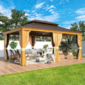 YOLENY 12'x18' Hardtop Gazebo, Wood Grain Aluminum Frame with Galvanized Steel Double Roof and Water Gutter, Outdoor Permanent Metal Pavilion with Curtains and Nettings for Patios, Gardens and Lawns