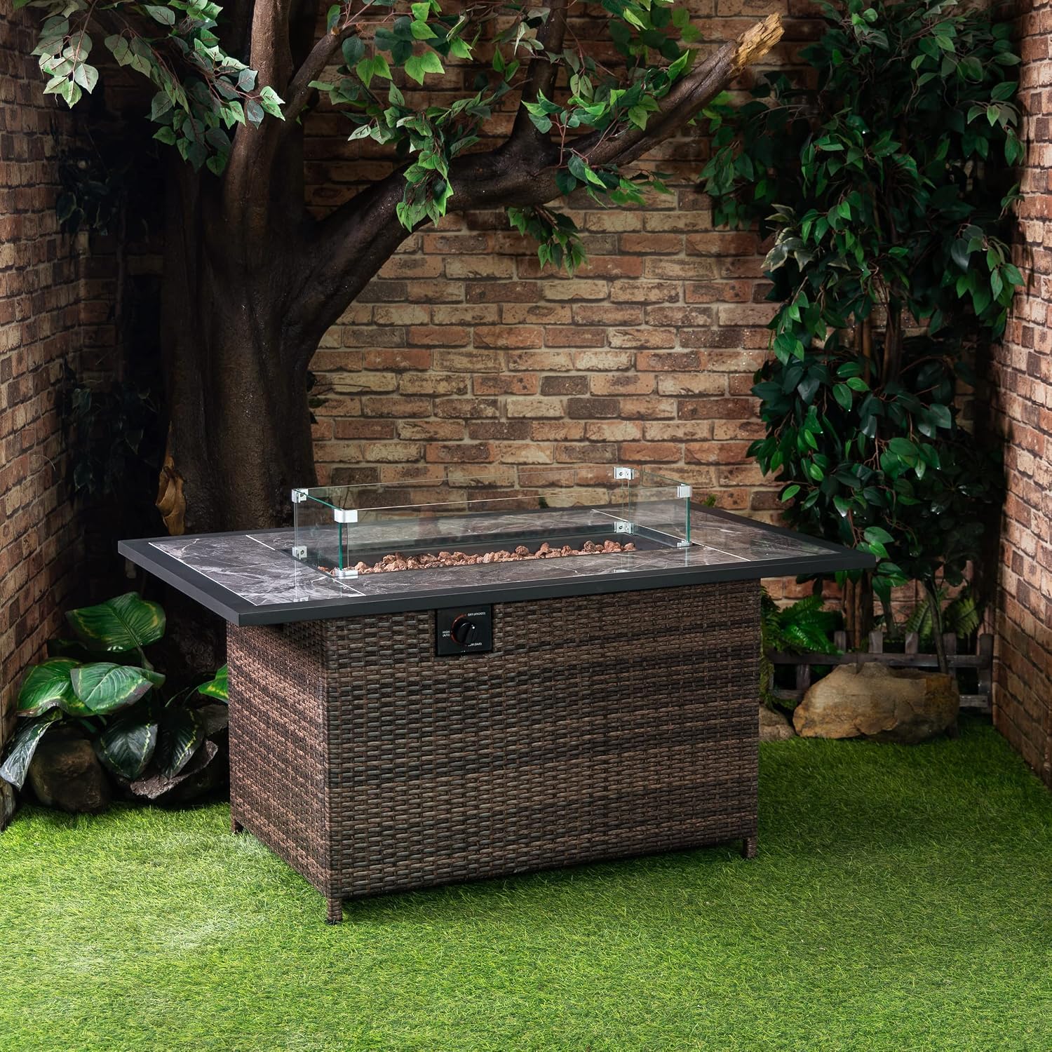 Propane Gas Outdoor Fire Pits Table with Tile Tabletop and Tempered Glass Around, 52 Inch Rectangular 50,000 BTU Auto-Ignition Wicker Base Fire Pit Table for Patio Garden Deck Backyard