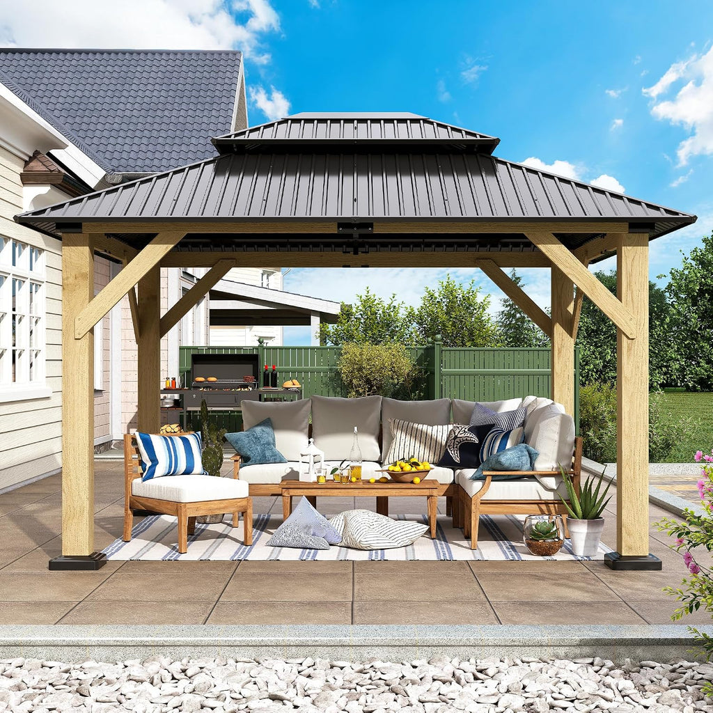 10'x12' Wood Gazebo,Outdoor Cedar Wood Hardtop Gazebo with Galvanized Steel Double Roof, Wooden Frame Gazebos for Patio, Backyard, Deck