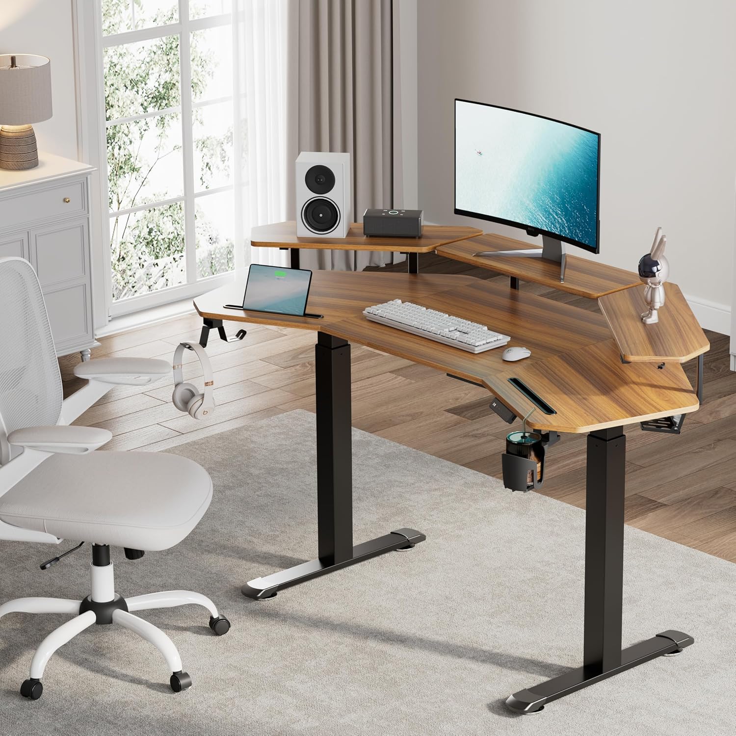 EUREKA ERGONOMIC Standing Gaming Desk with Dual Motor,63' Wing Shaped Computer Desk w Mouse Pad, Electric Adjustable Height Table w LED Monitor Stands,Slot Design,Walnut