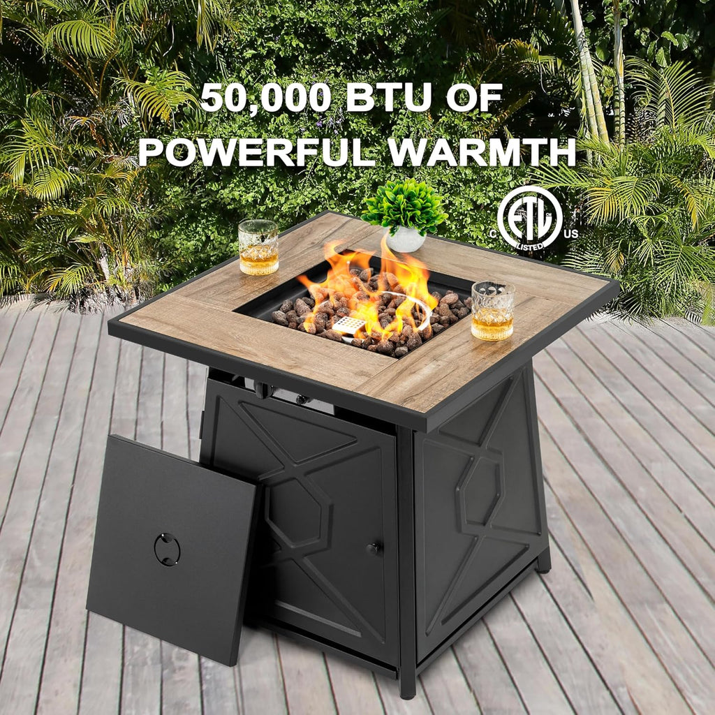 Nuu Garden 28 Inch Outdoor Propane Fire Pit Table, 50,000 BTU Square Gas Fire Table with Ceramic Tabletop, Lid, Cover, Lava Rock for Garden Backyard Party, Black