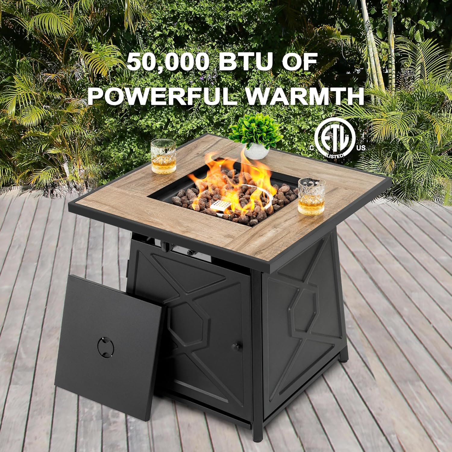 Nuu Garden 28 Inch Outdoor Propane Fire Pit Table, 50,000 BTU Square Gas Fire Table with Ceramic Tabletop, Lid, Cover, Lava Rock for Garden Backyard Party, Black