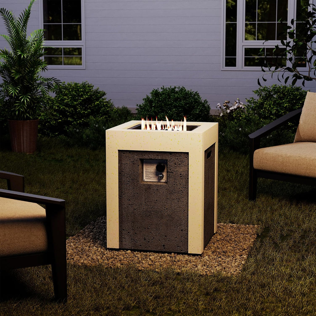 COSIEST Outdoor Propane Fire Pit Table w Compact Ledgestone 19-inch Square Graphite Base with Waterproof Cover, Certified, 40,000 BTU, Free Lava Rocks, Touch-up Pen, Fits 20lb (Grey&White)