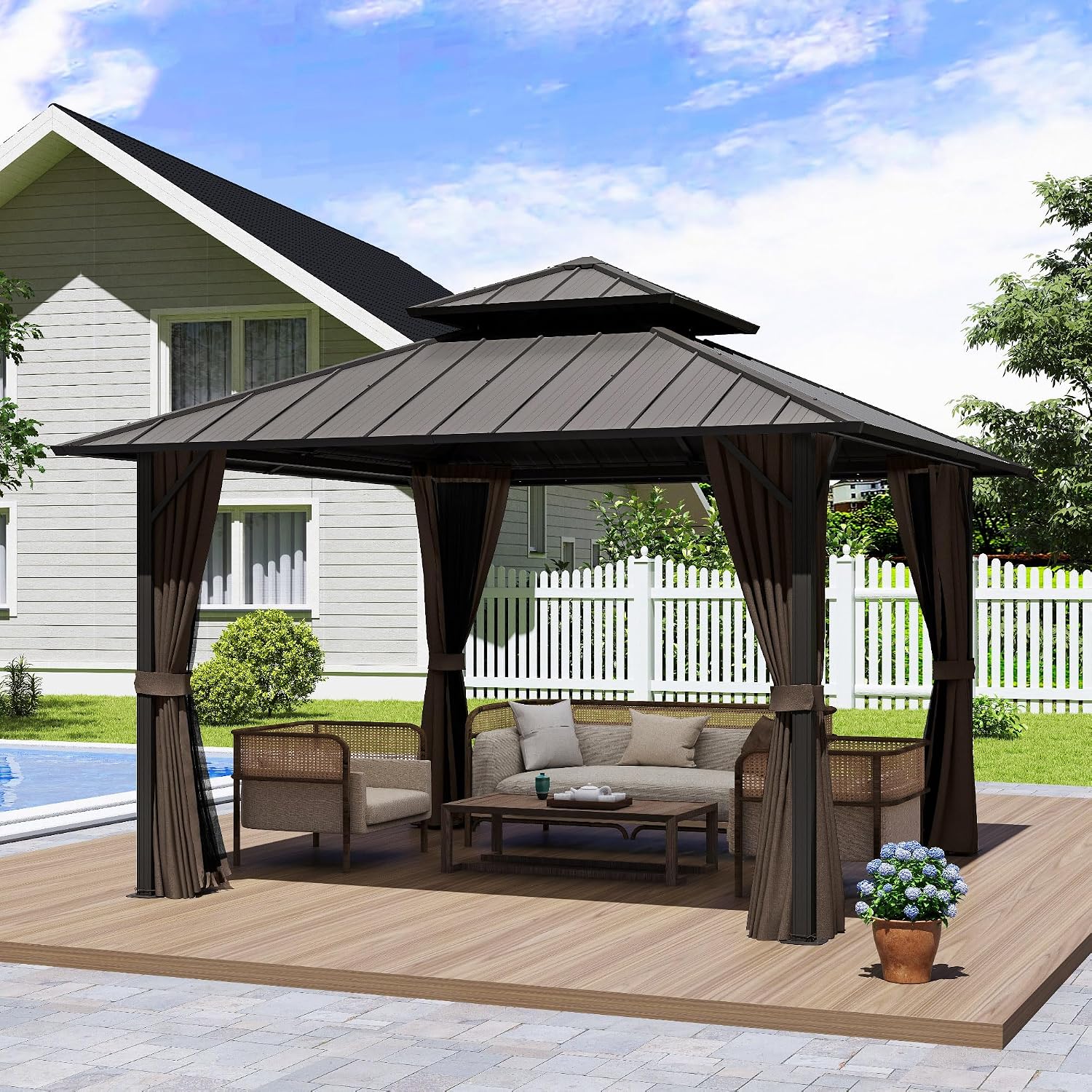 12' x 12' Hardtop Gazebo, Aluminum Frame with Double Galvanized Steel Roof, Outdoor Metal Gazebo with Netting & Curtains for Backyard, Garden, or Deck, Brown