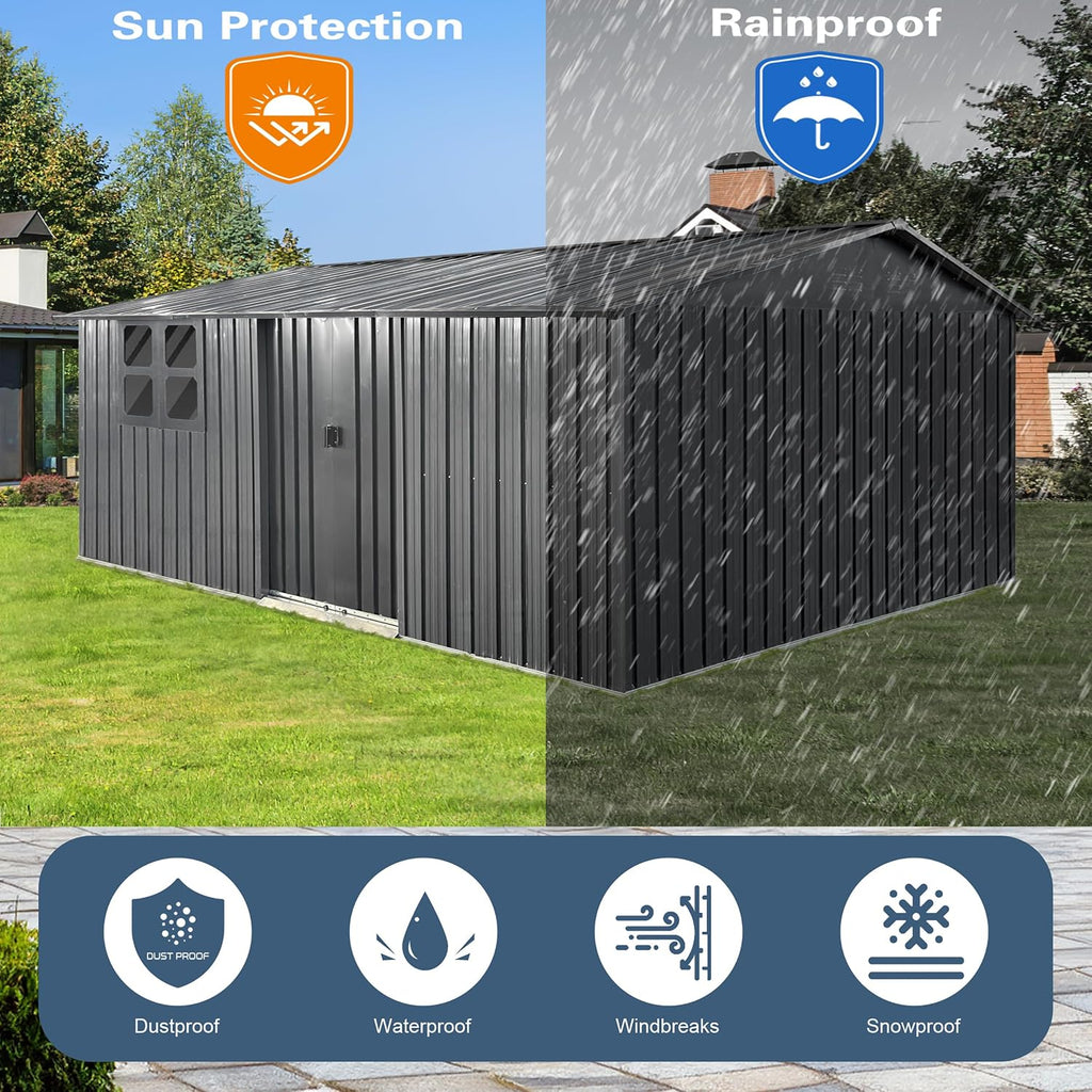 Shed with Windows,Large Metal Outdoor Storage Shed, Lockable Tool Storage shed, Steel Garden shed, Suitable for Backyard, Terrace, and Poolside (Grey, 12FTx10FT)