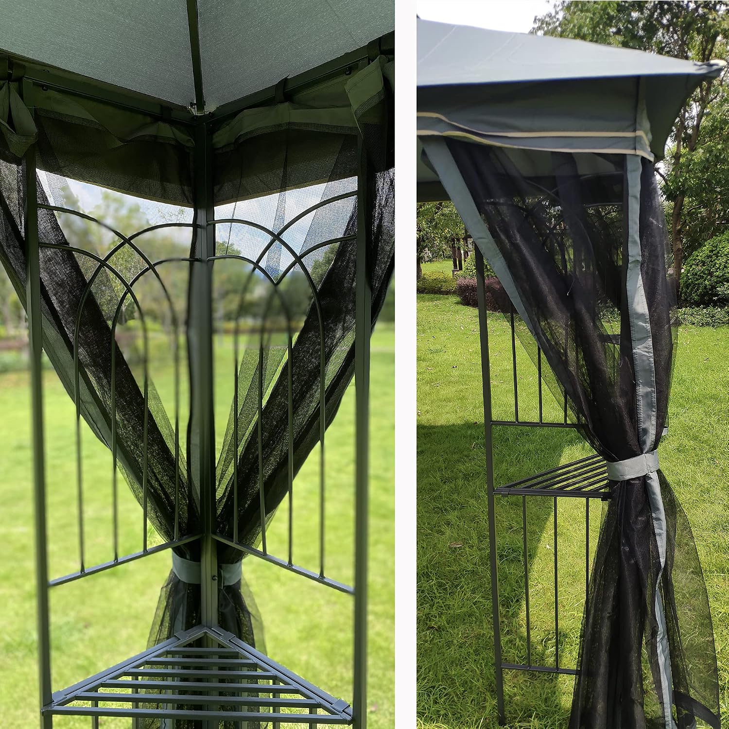 10x10 Outdoor Patio Gazebo, Heavy Duty Soft Top Gazebo with Shelves and Netting, Waterproof Canopy Gazebo with Galvanized Steel Frame and Double Roof, Metal Gazebo for Deck, Backyard, Porch (Gray)
