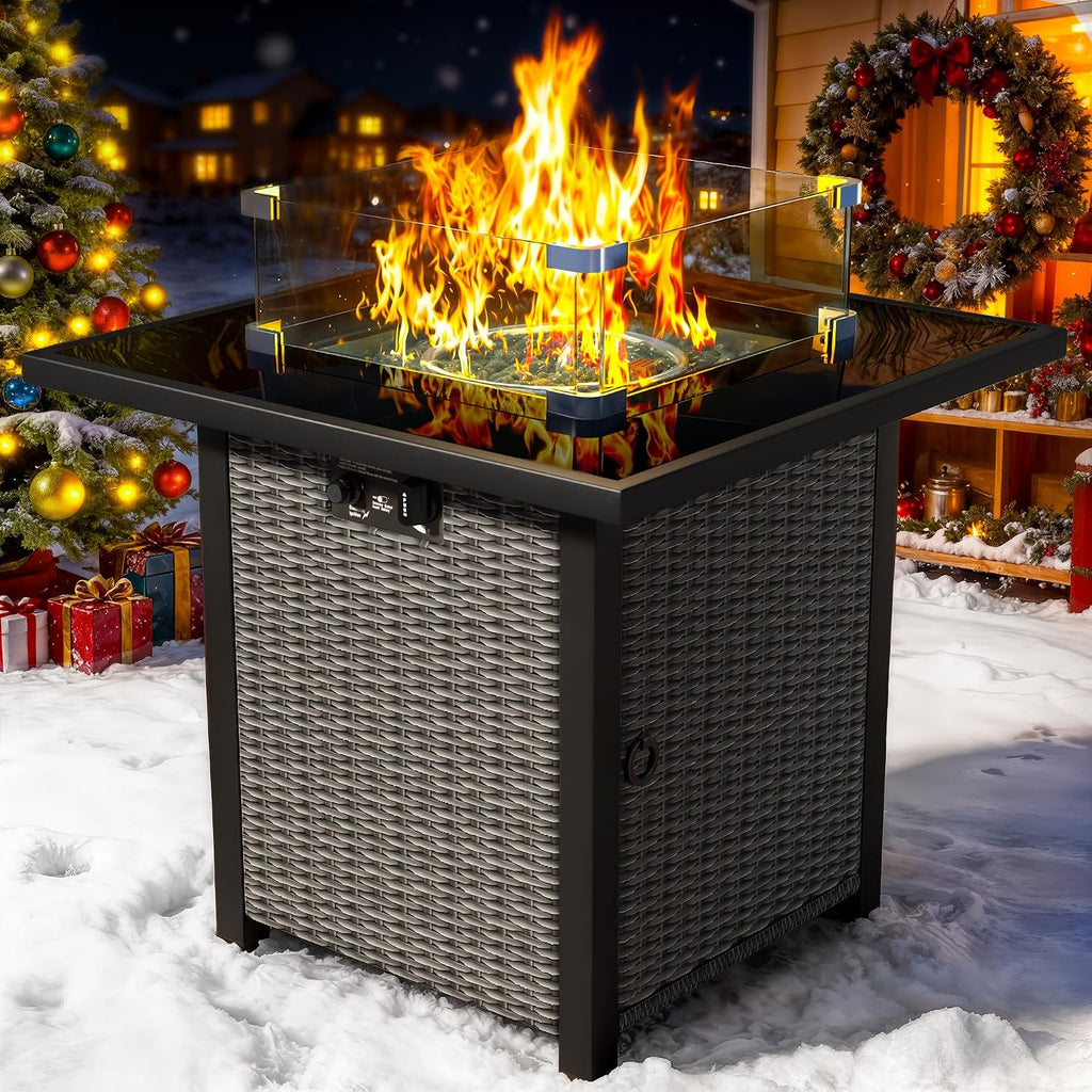 Propane Fire Pit Table, Outdoor Fire Pit Table, 27' Rattan Square Outdoor Gas Fire Pit with Glass Wind Guard, Tempered Glass Tabletop, Lid, CSA Listed, 50,000 BTU for Outside Patio Deck & Garden,Black