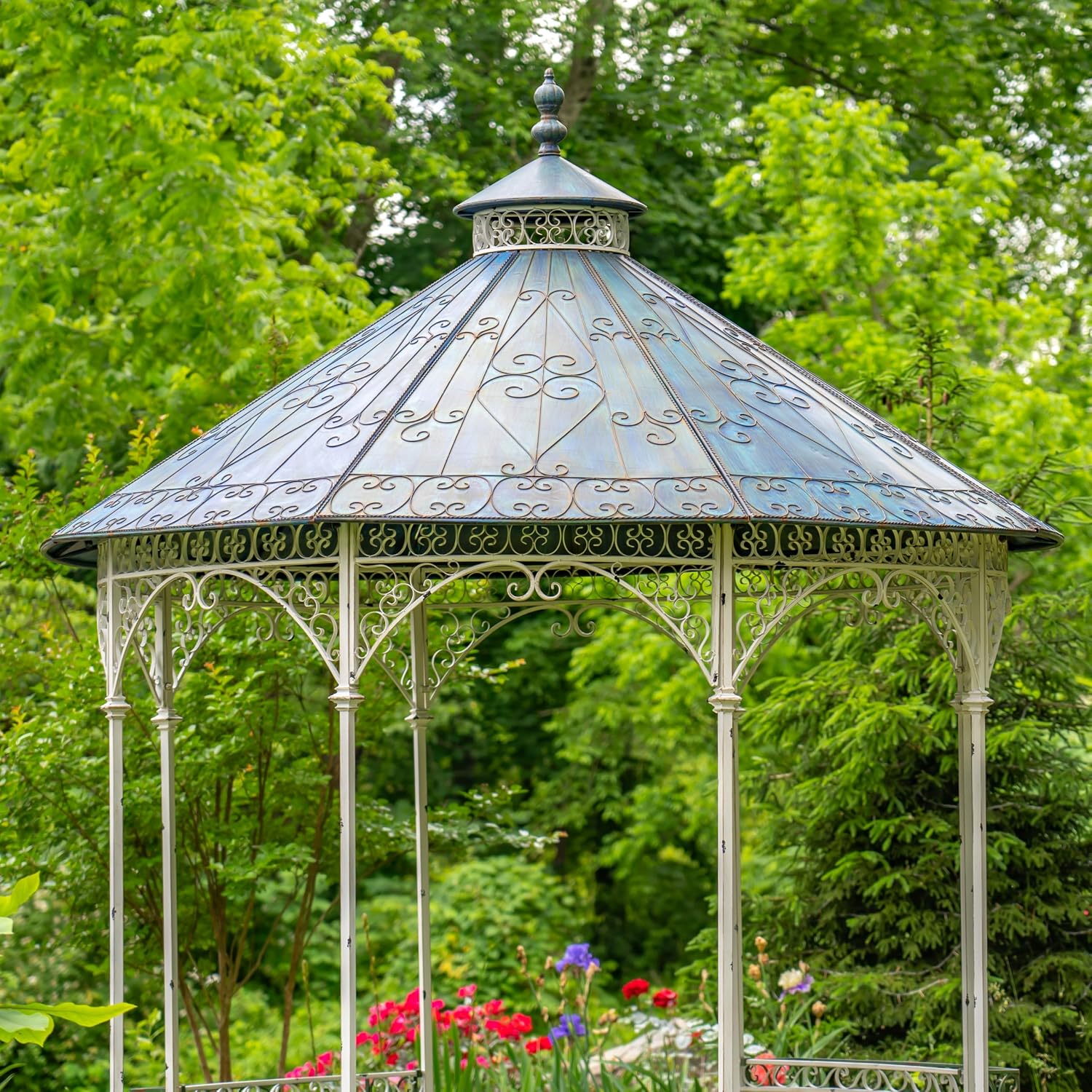 11ft. Tall Round Iron Gazebo with Four Side Walls & Flowers Baskets Seville (Antique White)