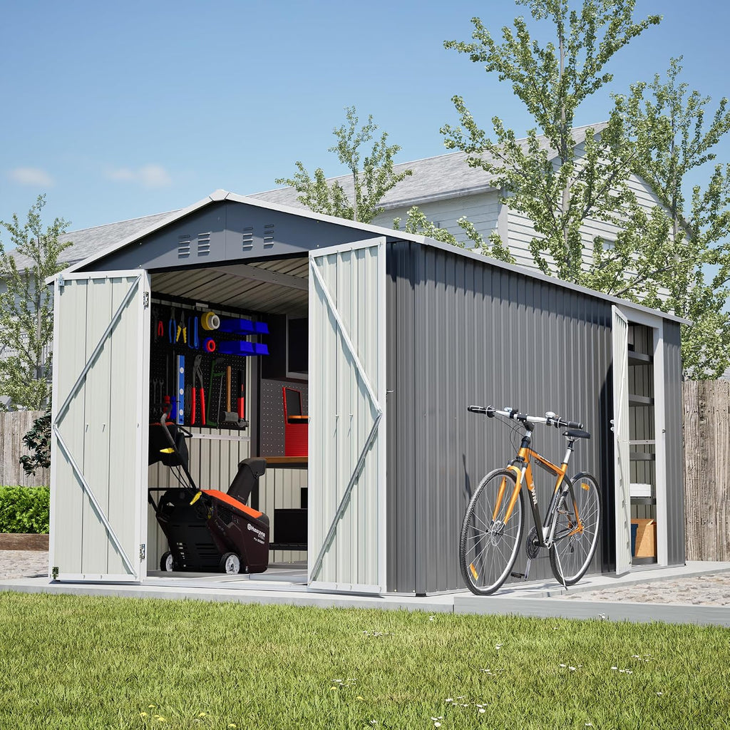 8x12 FT Shed Outdoor Storage Metal Large Garden Tool Sheds with 2 Lockable Doorways Floor Frame Gable Roof Waterproof Steel Utility Equipment Sheds for Backyard Patio Lawn Poolside, Grey