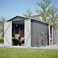 8x12 FT Shed Outdoor Storage Metal Large Garden Tool Sheds with 2 Lockable Doorways Floor Frame Gable Roof Waterproof Steel Utility Equipment Sheds for Backyard Patio Lawn Poolside, Grey