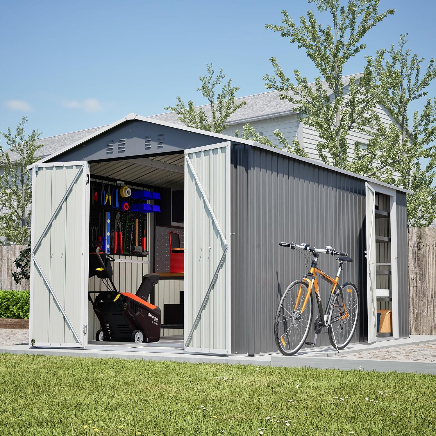 8x12 FT Shed Outdoor Storage Metal Large Garden Tool Sheds with 2 Lockable Doorways Floor Frame Gable Roof Waterproof Steel Utility Equipment Sheds for Backyard Patio Lawn Poolside, Grey