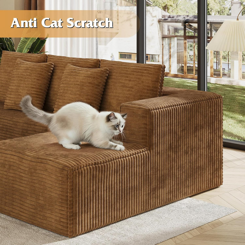 WLIVE 108'' Cloud Sectional Couches for Living Room, Modular Boneless Couch with Right Facing Chaise, L Shape Memory Foam Corduroy, with Cushion, Brown