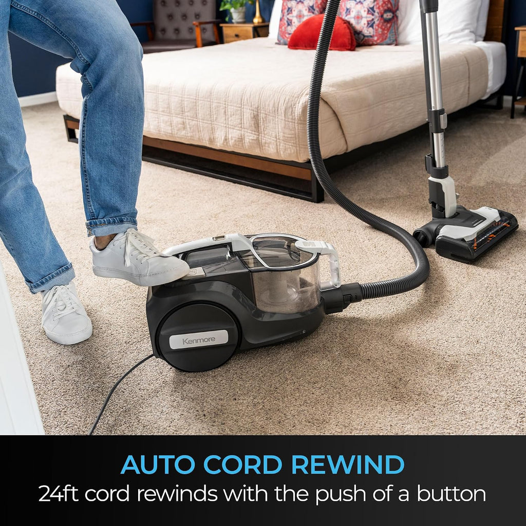 Kenmore DC5070 500 Series Bagless Canister Vacuum with Hair Eliminator Brushroll，2-Motor Cyclonic Technology, HEPA Filtration & 24' Auto Cord Rewind for Pet, Carpets, Hard Floors, Stairs, White