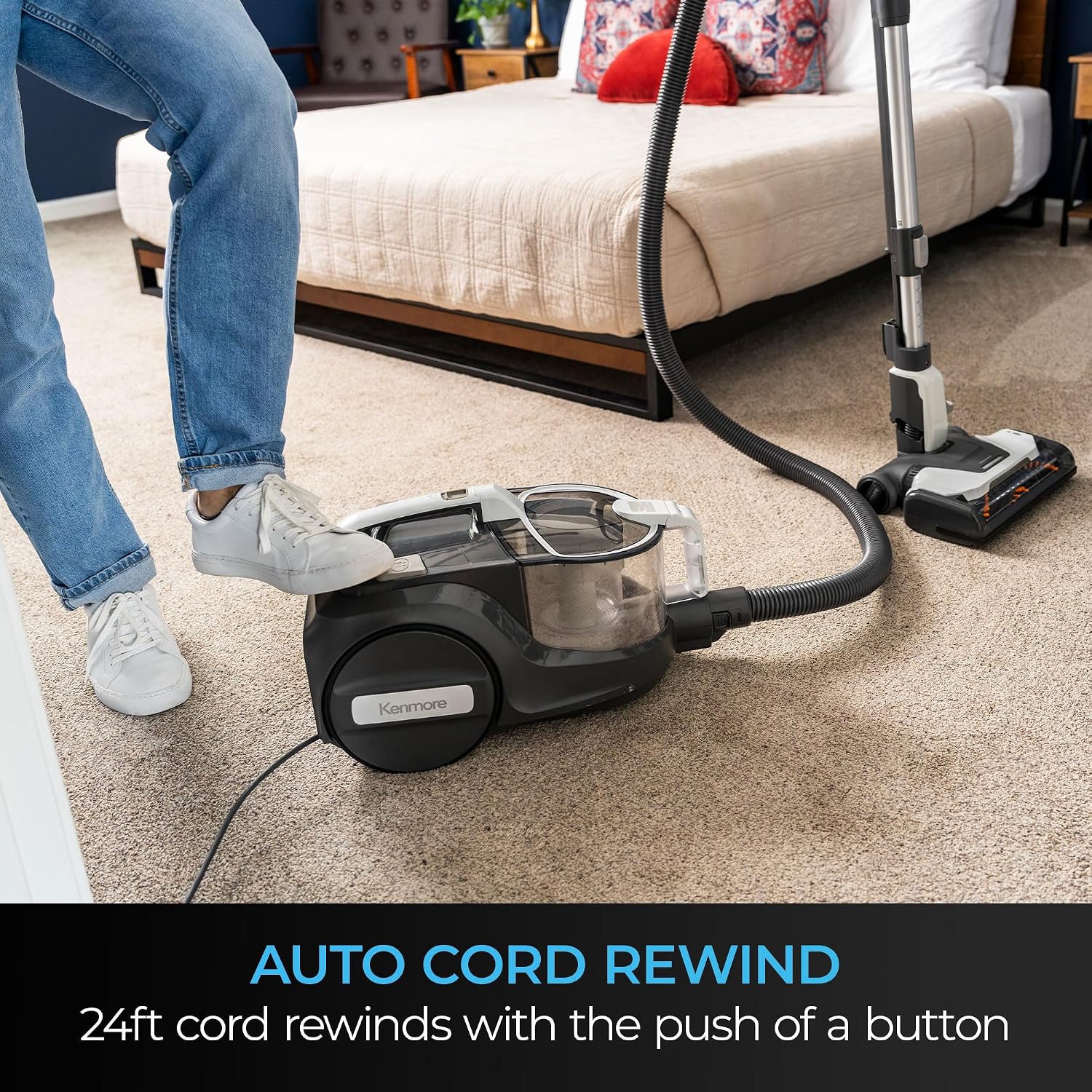 Kenmore DC5070 500 Series Bagless Canister Vacuum with Hair Eliminator Brushroll，2-Motor Cyclonic Technology, HEPA Filtration & 24' Auto Cord Rewind for Pet, Carpets, Hard Floors, Stairs, White