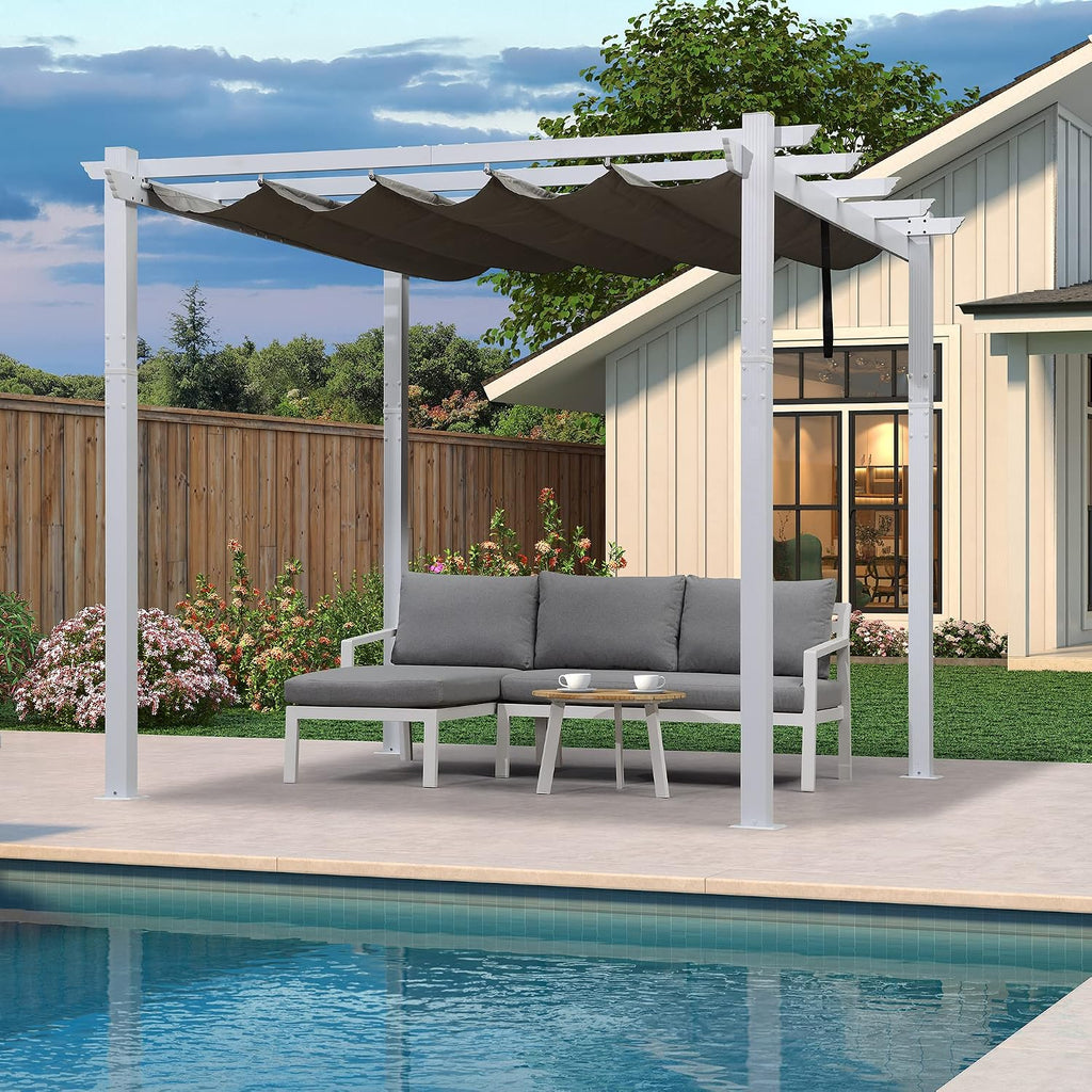 PURPLE LEAF 10' x 10' Outdoor Retractable Pergola Heavy-Duty Aluminum DIY White Pergola with Sun Shade Canopy Patio Modern Shelter for Garden Yard Deck Grape Trellis, Grey
