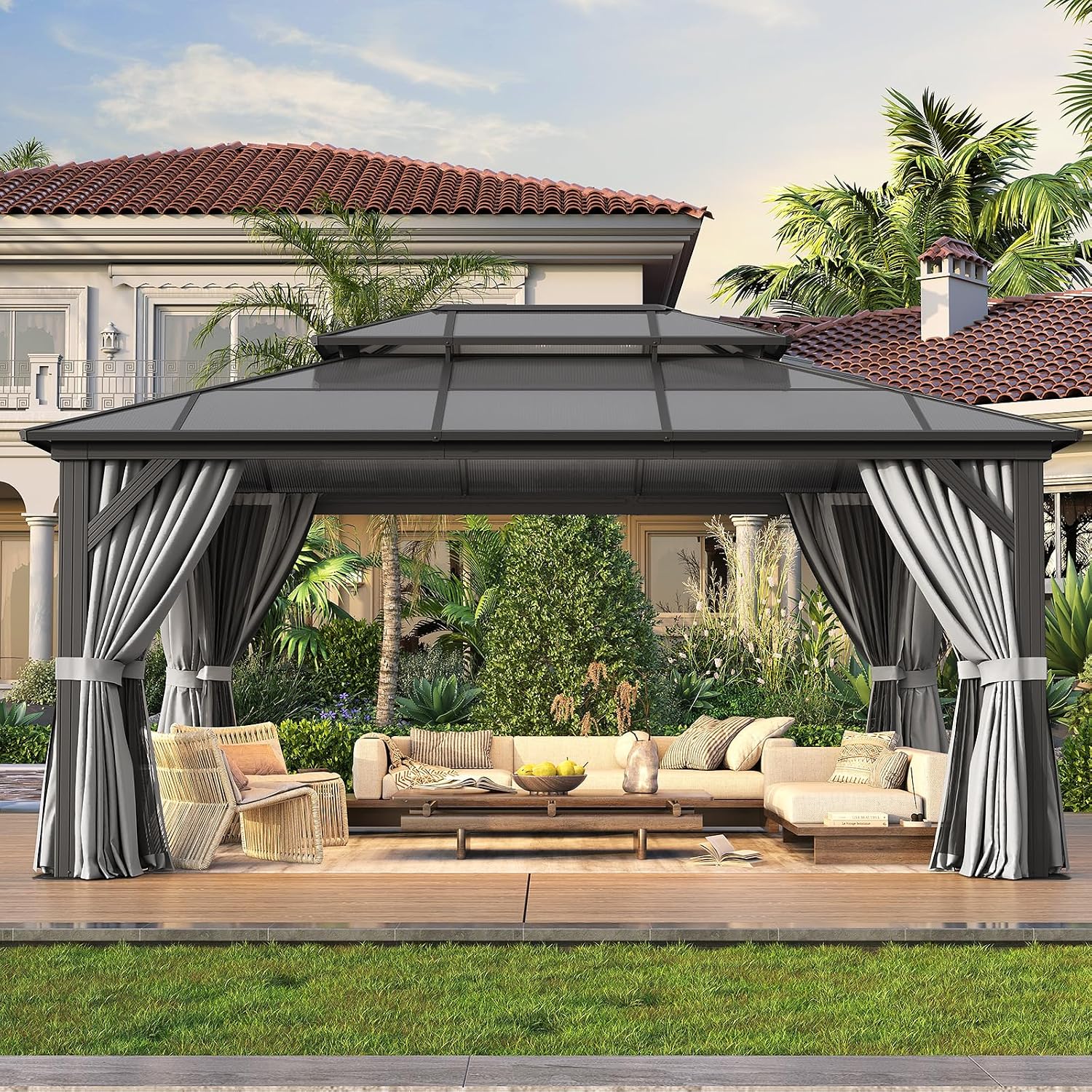12' x 16' Double Roof Gazebo with Dark Gray Polycarbonate Panels, Sturdy Aluminum Frame, Weather-Resistant Pavilion with Curtains for Outdoor Patio, Garden, and Backyard