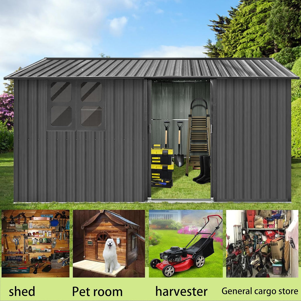 Shed with Windows,Large Metal Outdoor Storage Shed, Lockable Tool Storage shed, Steel Garden shed, Suitable for Backyard, Terrace, and Poolside (Grey, 12FTx10FT)