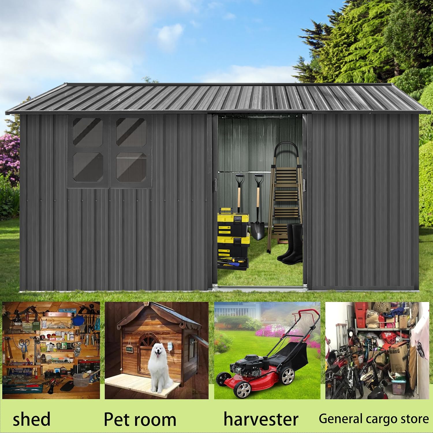 Shed with Windows,Large Metal Outdoor Storage Shed, Lockable Tool Storage shed, Steel Garden shed, Suitable for Backyard, Terrace, and Poolside (Grey, 12FTx10FT)