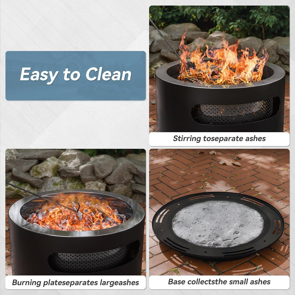 ALAULM 25 Inch Smokeless Fire Pit Tabletop, Stainless Steel Wood Burning Firepit for Outdoor Patio, Includes Weather-Resistant Cover