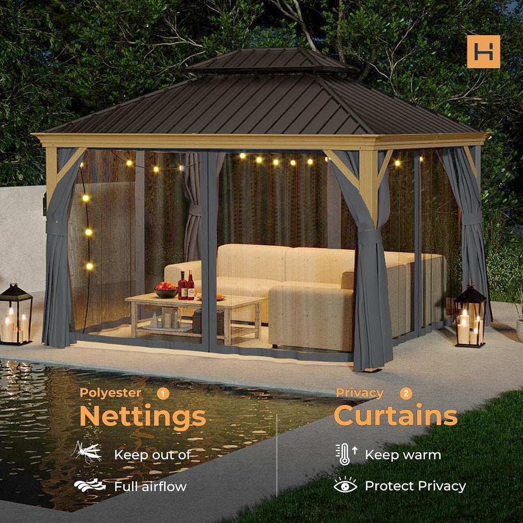 HAPPATIO 10' x 12' Hardtop Gazebo Outdoor, Wood Grain Aluminum Frame with Double Galvanized Steel Roof，Patio Gazebo Canopy with Netting and Curtains for Patio, Lawns, Deck, Backyard (Grey)