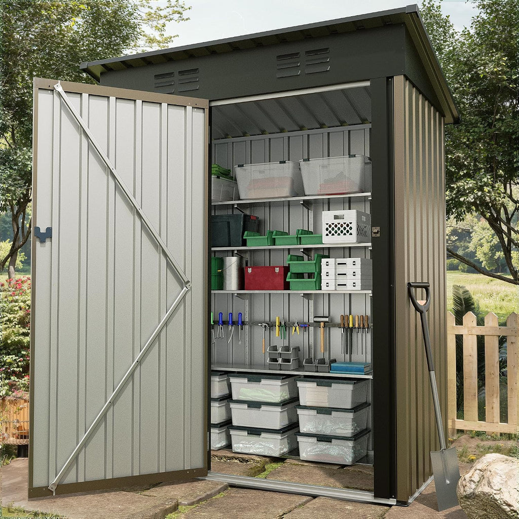 Garvee Metal Tool Shed with Single Door - Slanted Roof, Small Size, 5x3FT, Garden Storage, Outdoor Iron Tool Storage
