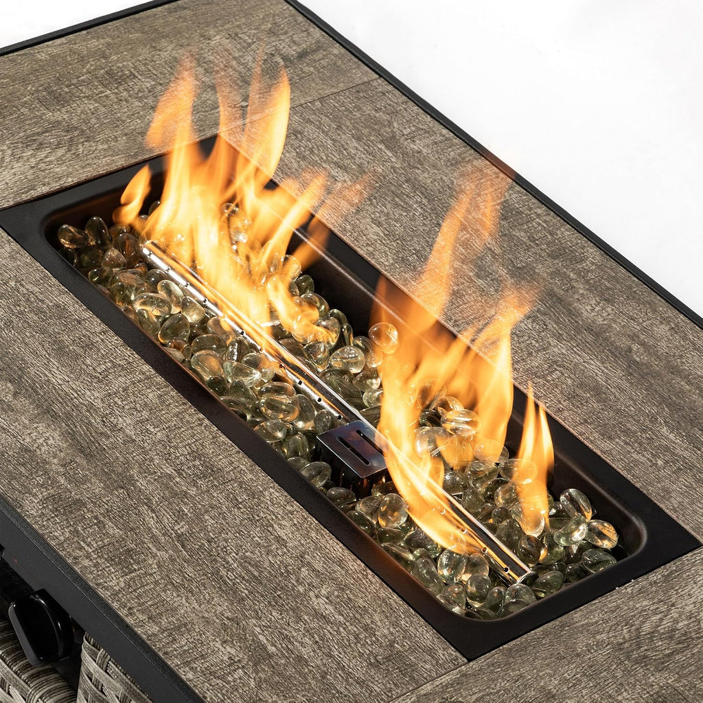 32in Gas Fire Pit Table Set, 50,000 BTU Propane Fire Pit Table Outdoor with Rain Cover, Hideaway Tank Holder Fits 20lb Tank, Gas Fire Pit for Outside w/Ceramic Tabletop and lid, Glass Rocks.