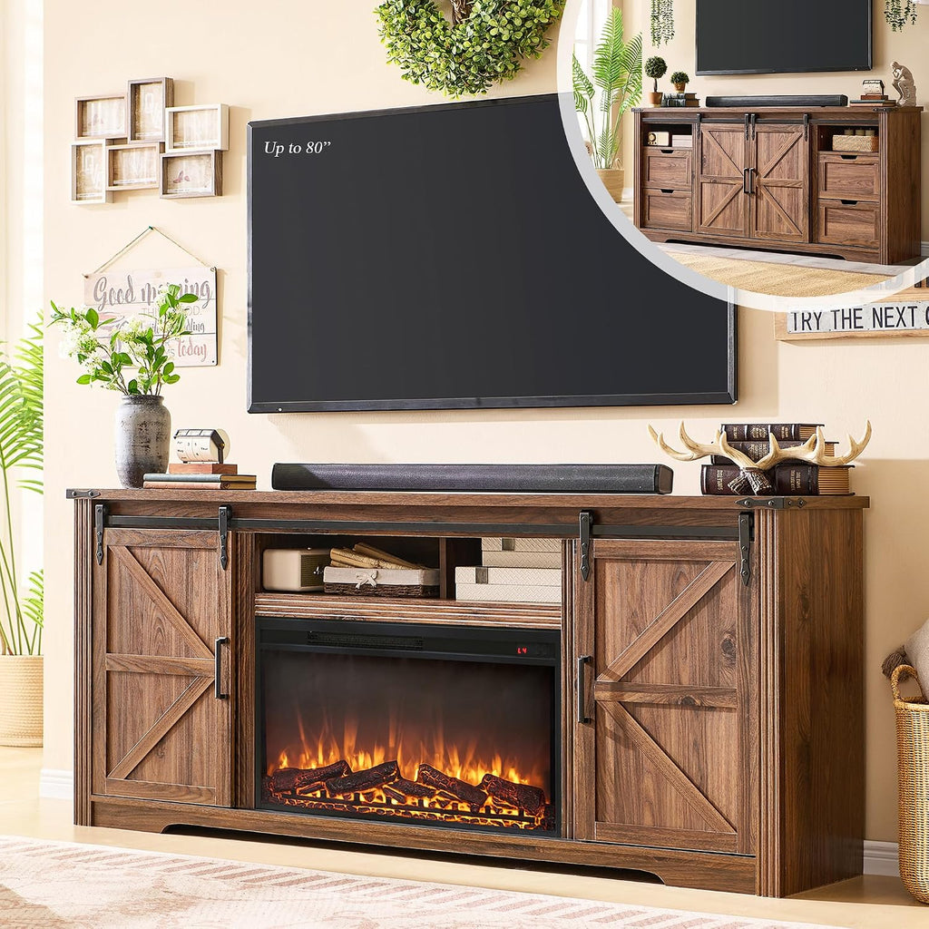 JXQTLINGMU Farmhouse Fireplace TV Stand for 80 Inch TV, 32' Tall Entertainment Center w/Drawer & Sliding Barn Door, 70 Inch Highboy Media Console for Living Room, Brown