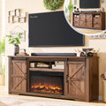 JXQTLINGMU Farmhouse Fireplace TV Stand for 80 Inch TV, 32' Tall Entertainment Center w/Drawer & Sliding Barn Door, 70 Inch Highboy Media Console for Living Room, Brown