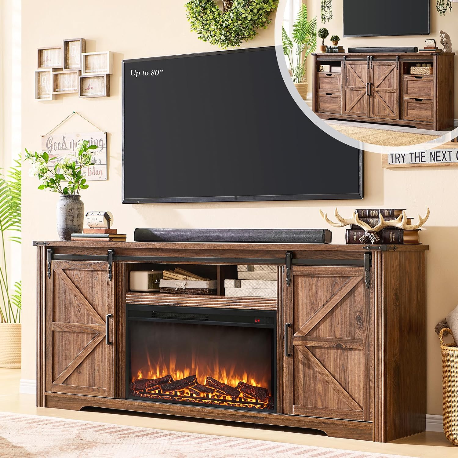 JXQTLINGMU Farmhouse Fireplace TV Stand for 80 Inch TV, 32' Tall Entertainment Center w/Drawer & Sliding Barn Door, 70 Inch Highboy Media Console for Living Room, Brown