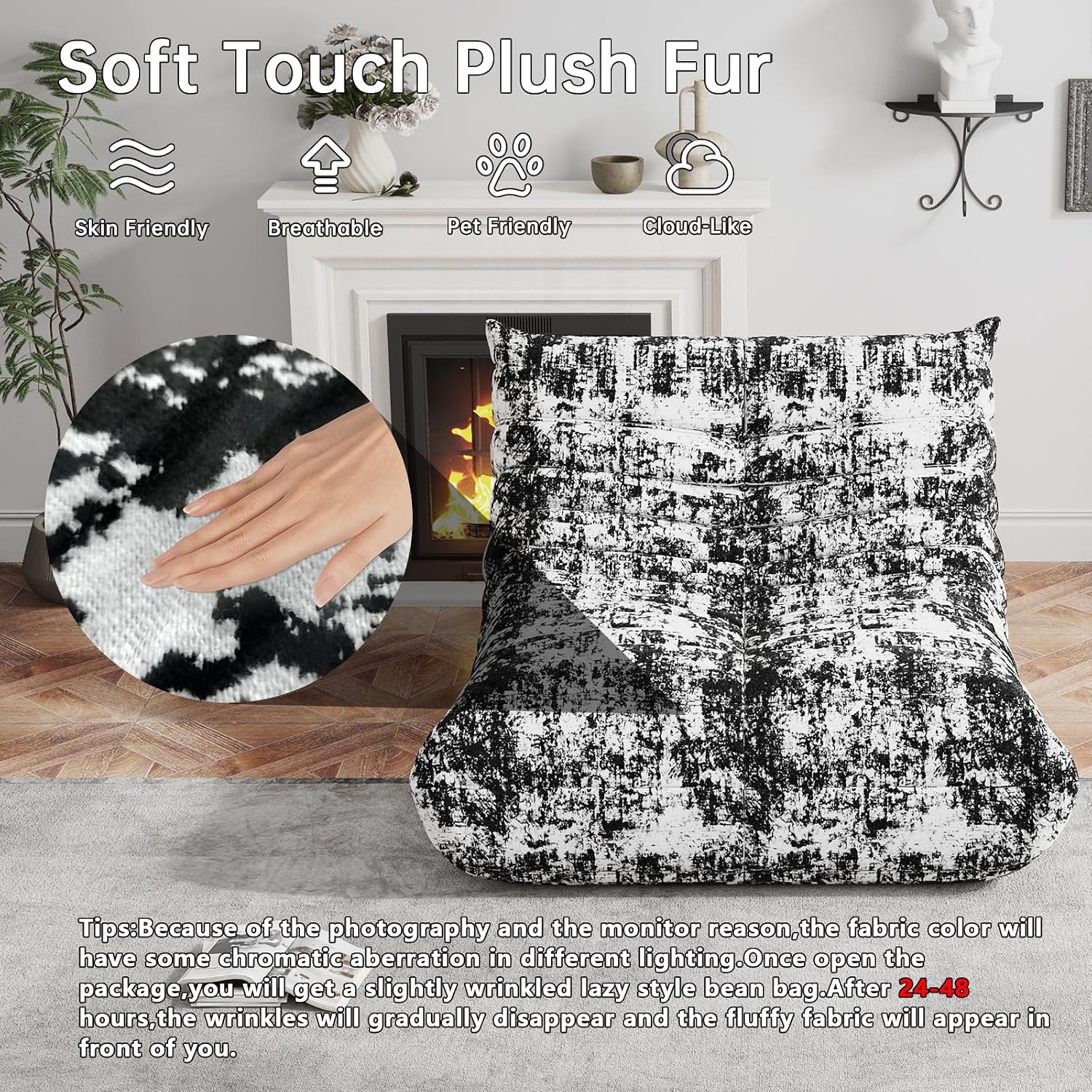 WHGBJA Memory Foam Bean Bag Chair for Adults, Teddy Material Beanbag Sofa with Filler, Cozy Floor Lounge Seat for Living Room, Bedroom, Dorm, Office (Ink Painting)