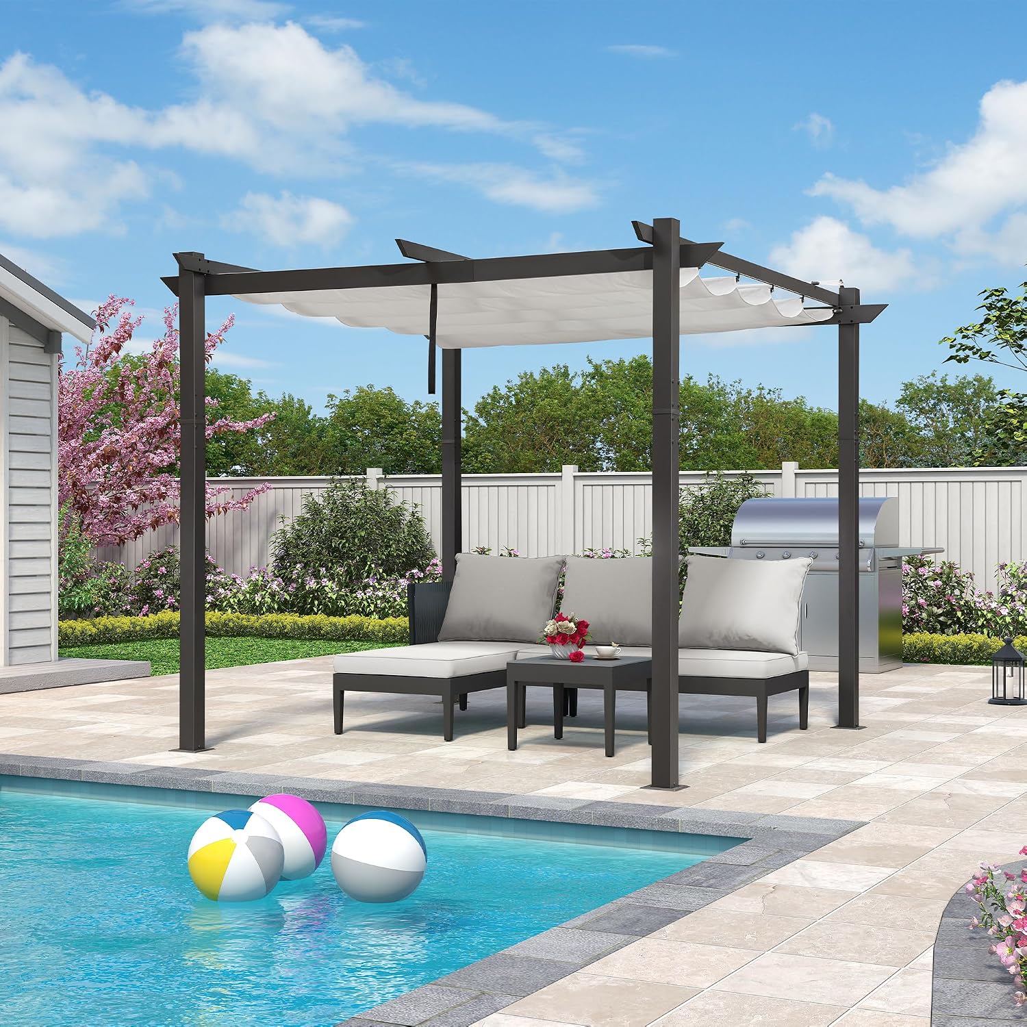 PURPLE LEAF 10' x 10' Aluminum Outdoor Pergola Wind-Resistant Retractable Pergola with Double Sun Shade Canopy Heavy-Duty Metal Pergola for Patios Backyard Deck Garden, White