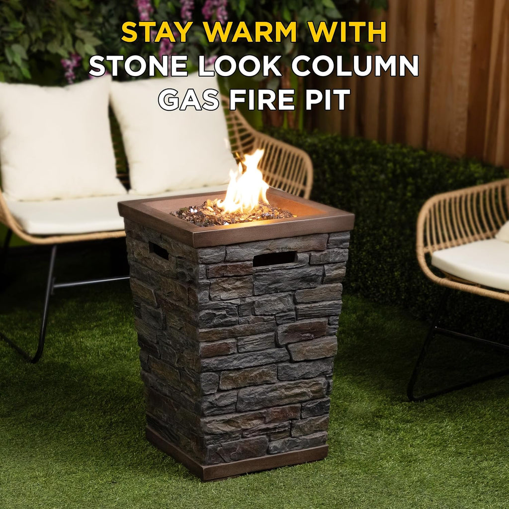 Alpine Corporation GXT966 Stone Look Column Gas Fire Pit with 32K BTU and Adjustable Flame, Cozy Patio Decor, 29' H, Multicolor