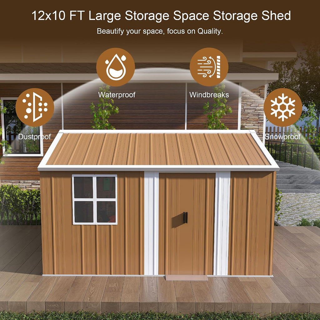 Outdoor Storage Shed, Heavy-Duty Metal Steel Shed with Windows, Lockable Door & Ventilation, Weatherproof Garden Shed for Backyard, Lawn, and Tool Storage (10x12 FT)