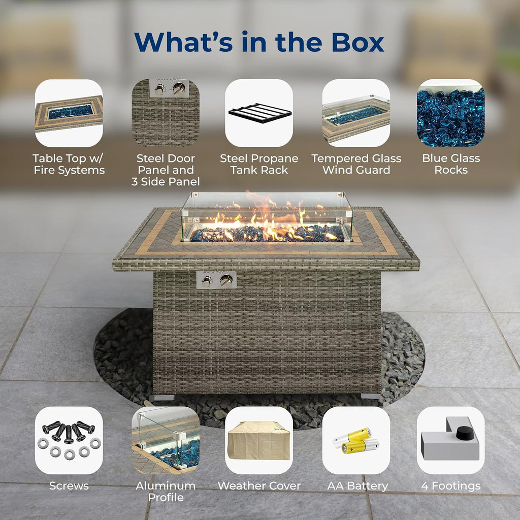SereneLife Outdoor Propane Fire Pit Table, 50,000 BTU Wicker Gas Firepit with Tile Tabletop, with Glass Wind Guard and Decorative Glass Stones, CSA Certified, Weatherproof Cover, 43'x27'x25'
