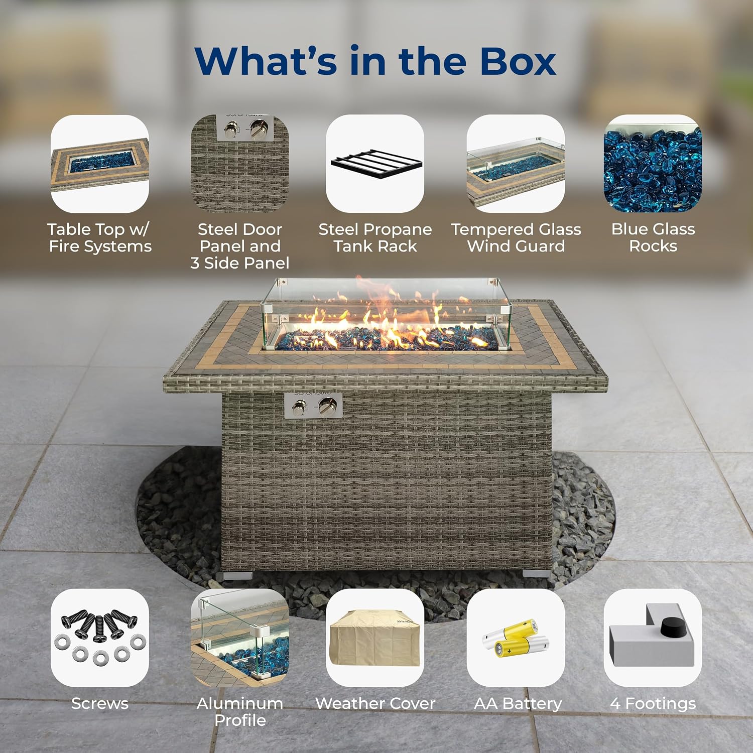 SereneLife Outdoor Propane Fire Pit Table, 50,000 BTU Wicker Gas Firepit with Tile Tabletop, with Glass Wind Guard and Decorative Glass Stones, CSA Certified, Weatherproof Cover, 43'x27'x25'