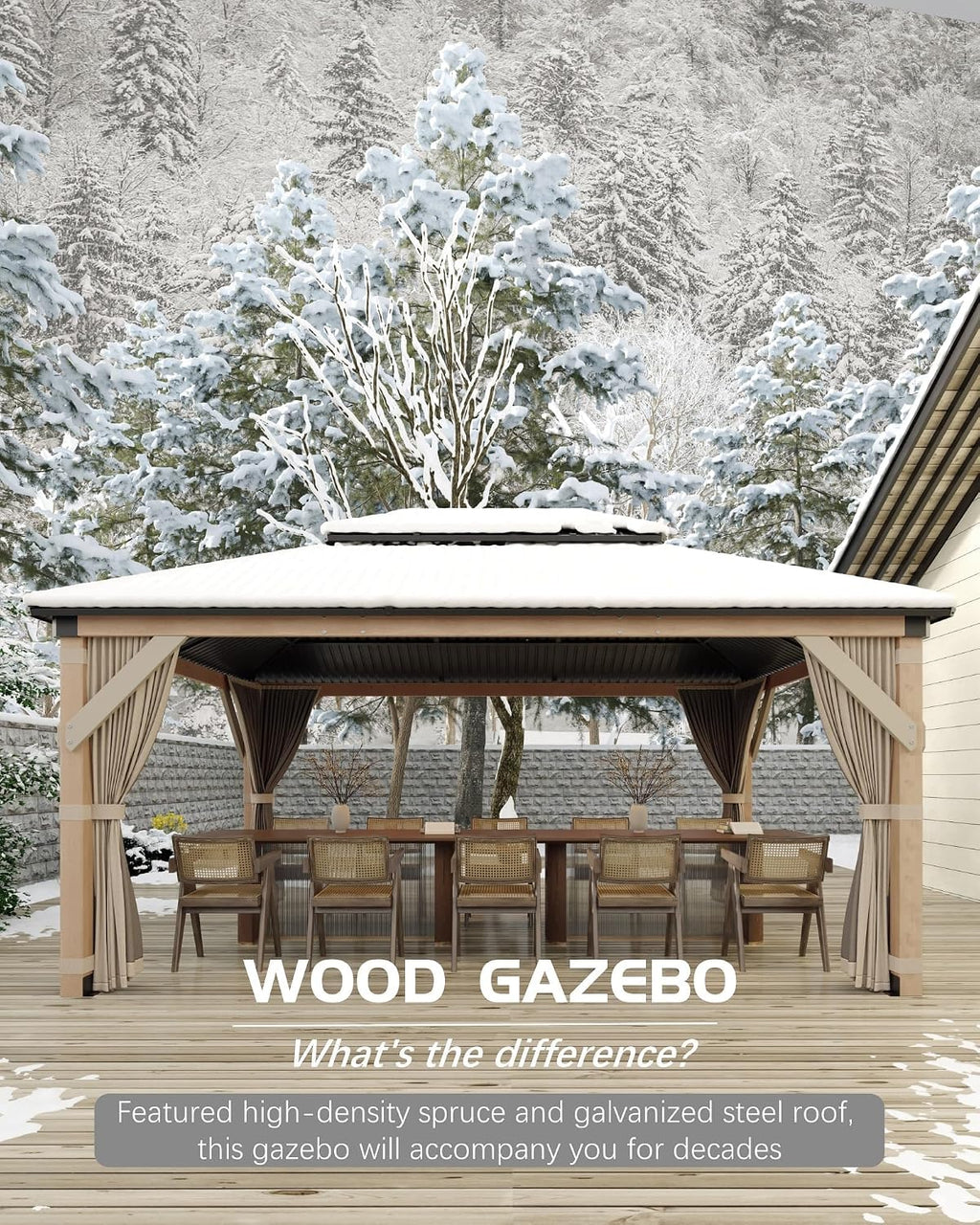 GAOMON Hardtop Spruce Wood Gazebo 10'x12', with Double Roof of Metal Sheets, 4.7'' Heavy Duty Poles, Net, and Curtain, Permanent Building for Patio, Deck, Backyard, Lawn, and Garden, Khaki