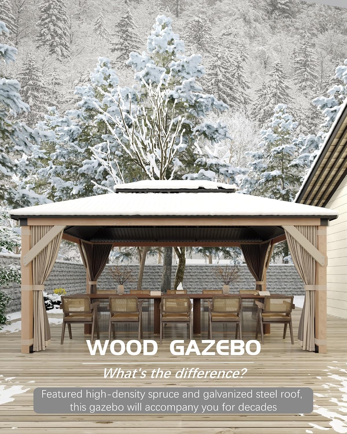 GAOMON Hardtop Spruce Wood Gazebo 10'x12', with Double Roof of Metal Sheets, 4.7'' Heavy Duty Poles, Net, and Curtain, Permanent Building for Patio, Deck, Backyard, Lawn, and Garden, Khaki