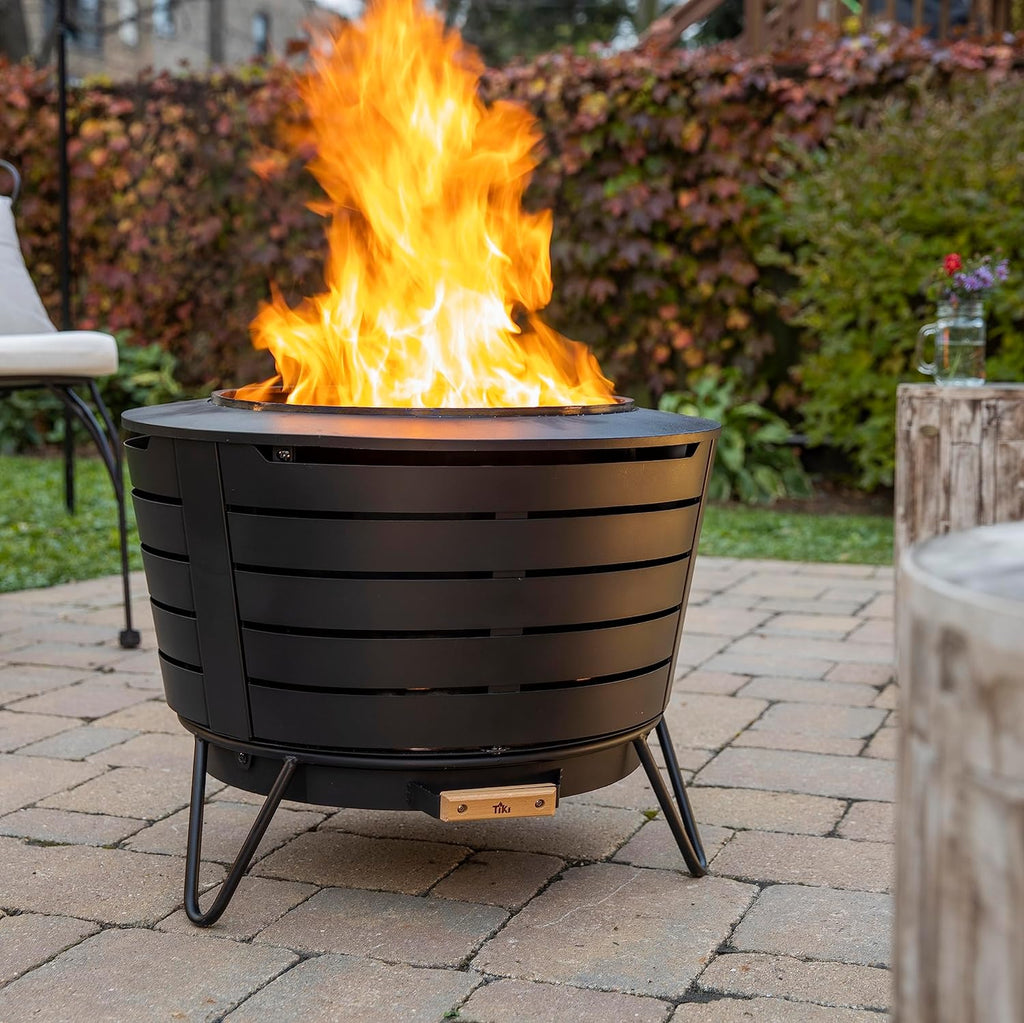 TIKI Patio Smokeless Outdoor Fire Pit, 25-Inch Wood-Burning Bonfire with Removable Ash Pan, Stand, and Weather-Resistant Cover