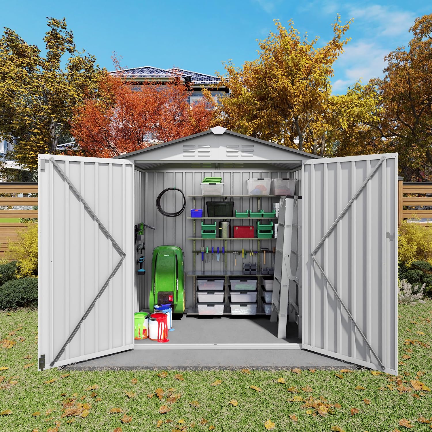 Organize and Secure with 6x3.6 FT Metal Shed, Waterproof Outdoor Storage with Lockable Door & Clear Window for Garden Tools, Patio Furniture, Bicycles, White